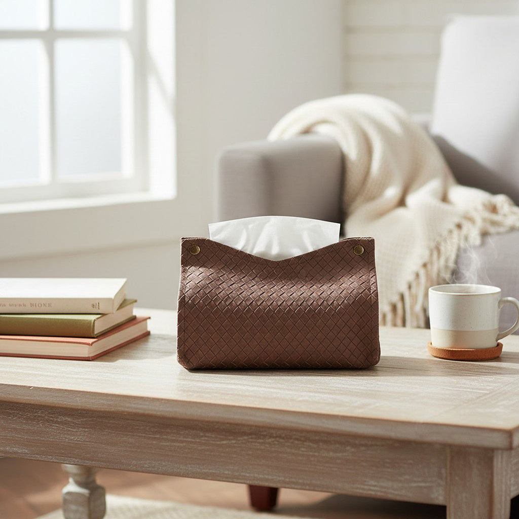 Anna-Kaci 3-piece Woven Texture Faux Leather Tissue Holder with Snap Closure Design
