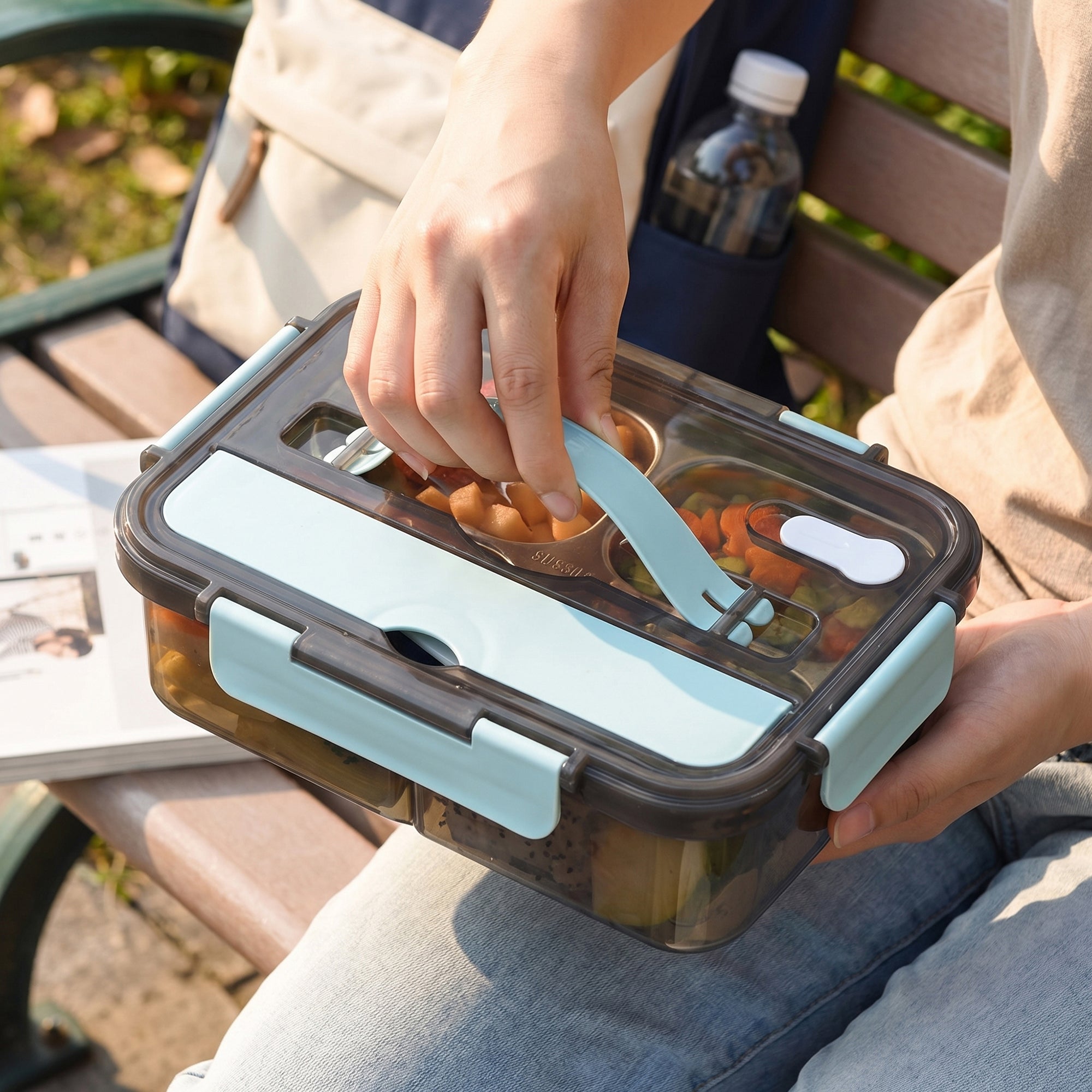 Anna-Kaci Bento Lunch Box Leakproof Food Container with Compartments Utensil Storage and Secure Lock Lid