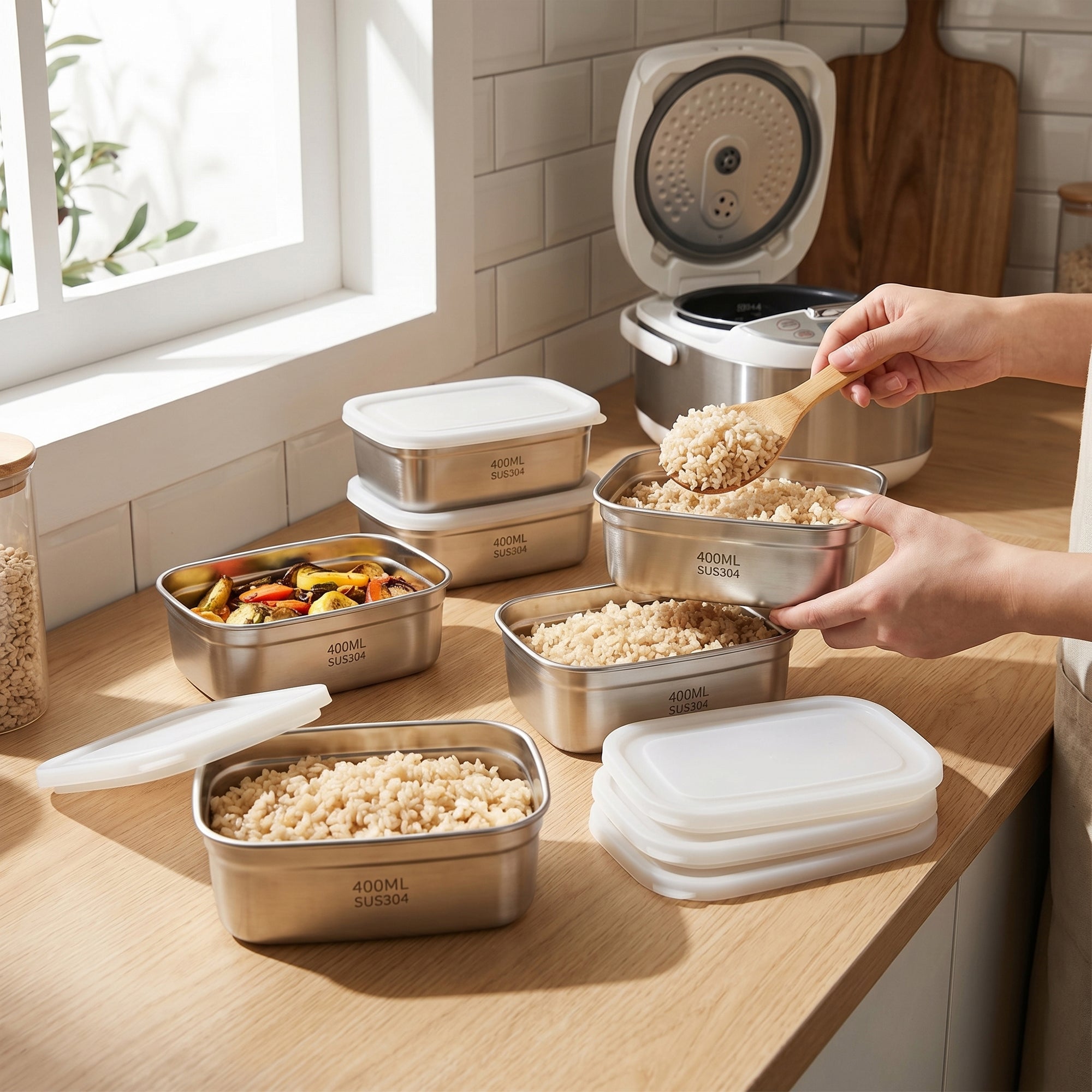 Anna-Kaci 2 Pack Stainless Steel Food Storage Container 400ml Airtight Lid Compact Meal Prep Box
