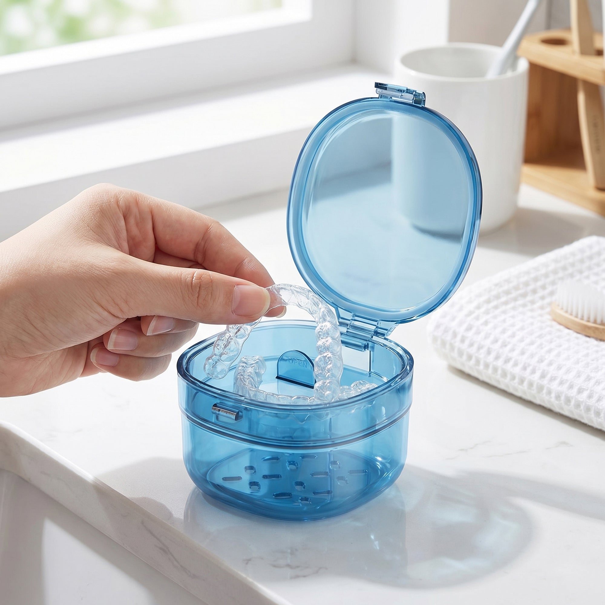 Anna-Kaci Retainer Case with Vent Drain Tray Portable Dental Storage Box for Aligners Dentures Mouth Guards