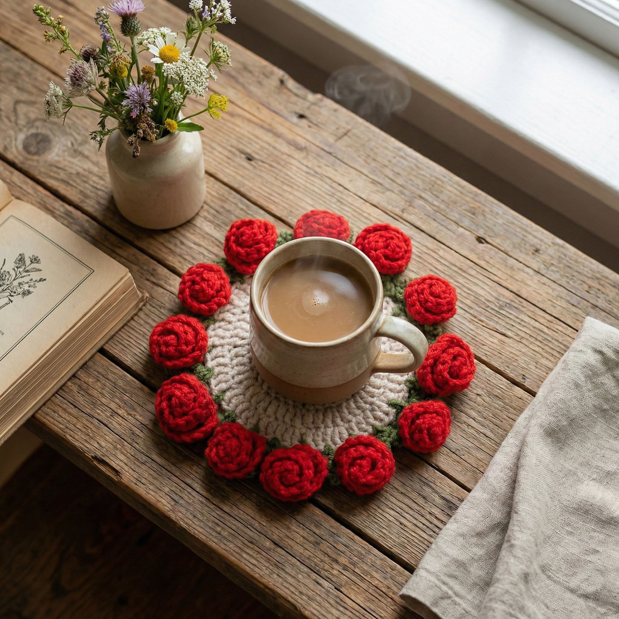 Anna-Kaci Handcrafted Crochet Sunflower Coaster with Floral Knit Design