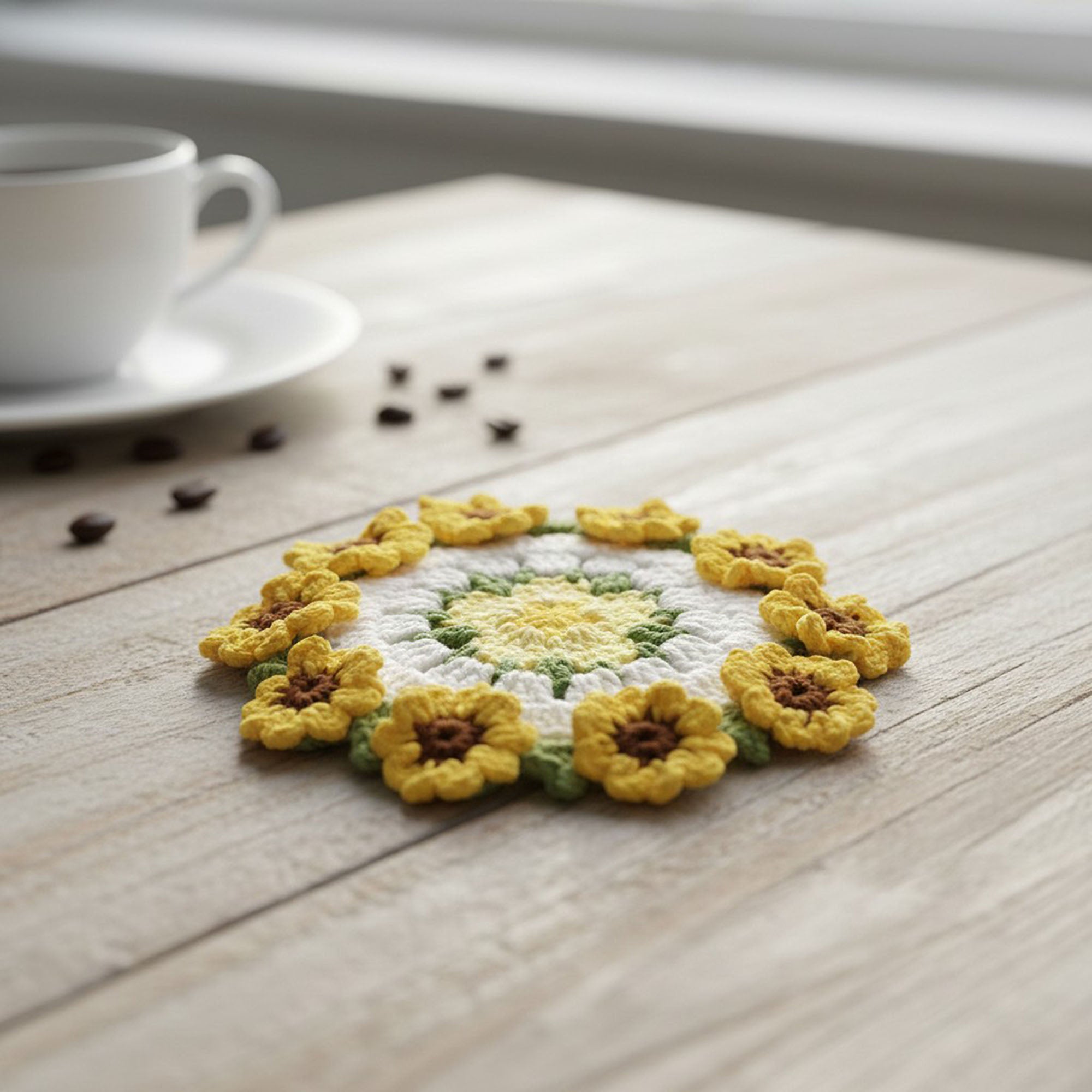 Anna-Kaci Handcrafted Crochet Sunflower Coaster with Floral Knit Design