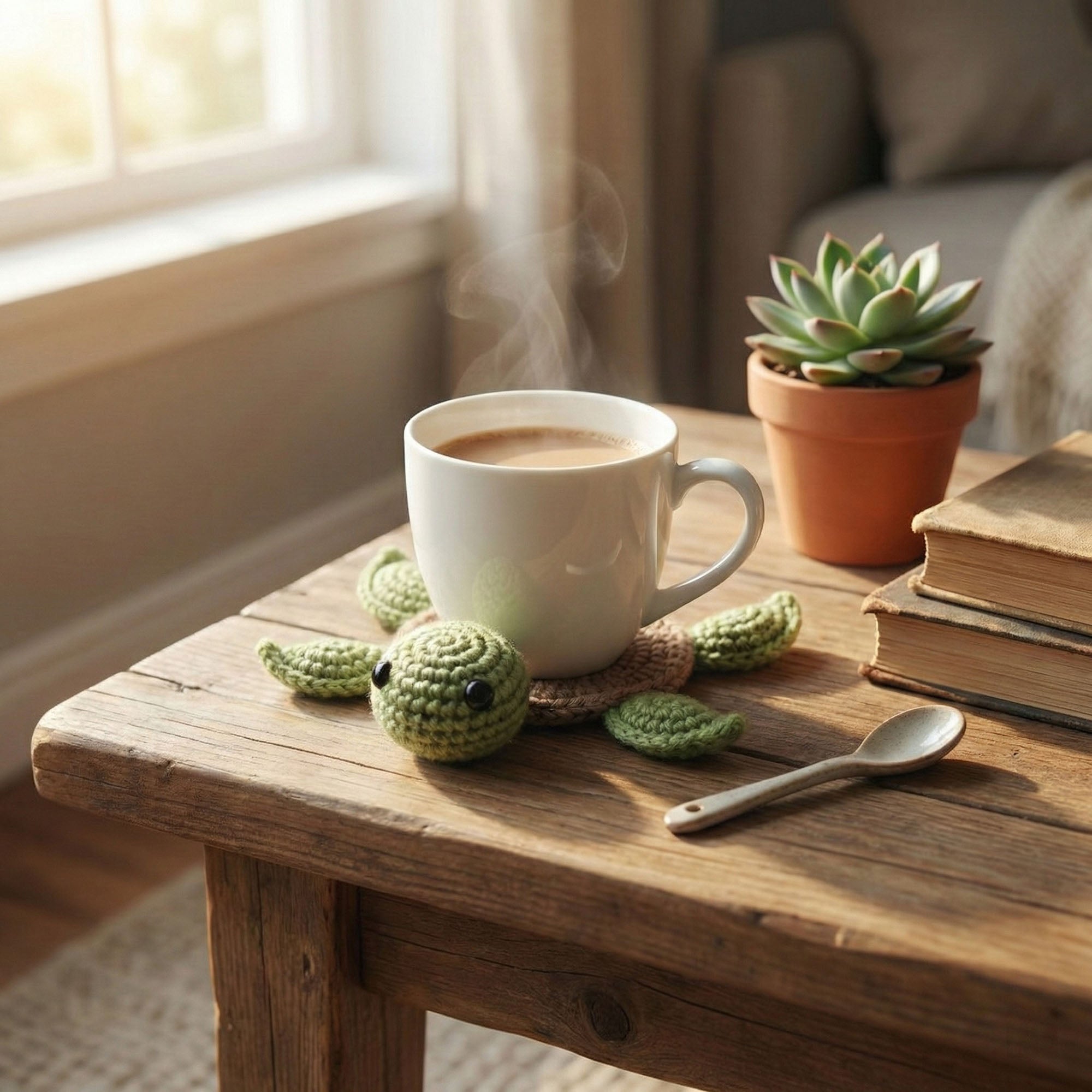 Anna-Kaci Handcrafted Crochet Turtle Coaster with Knit Animal Design