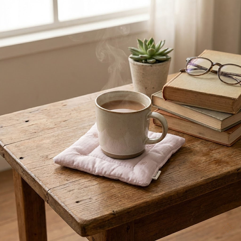 Anna-Kaci 2-PC Square Fabric Cup Coaster with Soft Padded Design and Subtle Heart Embroidery