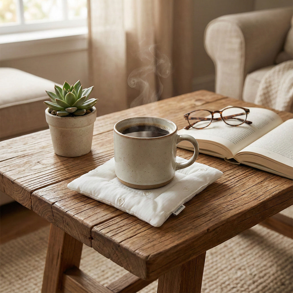 Anna-Kaci 2-PC Square Fabric Cup Coaster with Soft Padded Design and Subtle Heart Embroidery