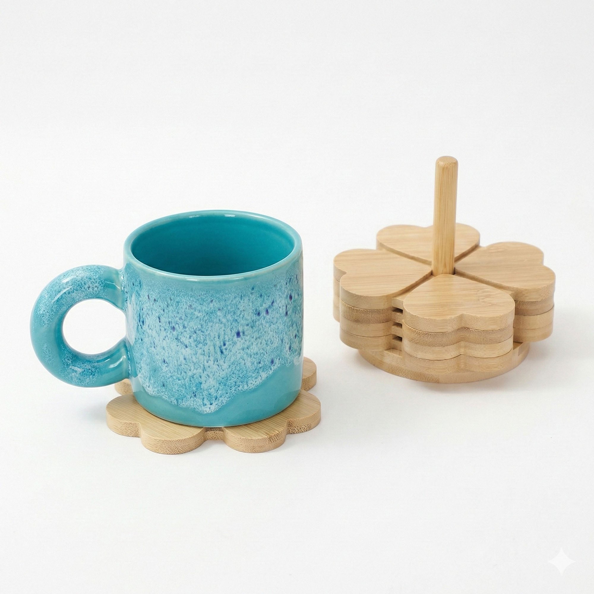 Anna-Kaci 5-Piece Bamboo Flower Shaped Coaster Set with Holder Stand