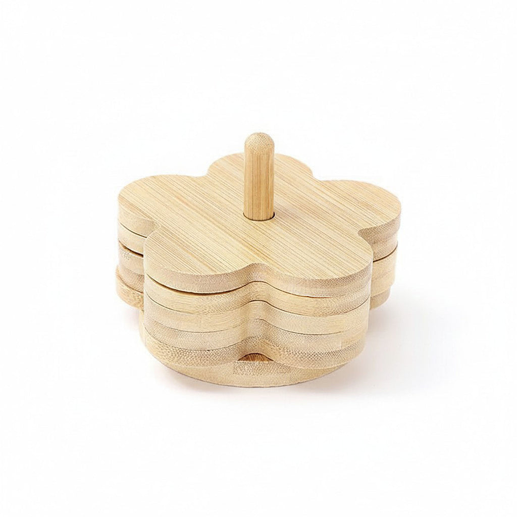 Anna-Kaci 5-Piece Bamboo Flower Shaped Coaster Set with Holder Stand