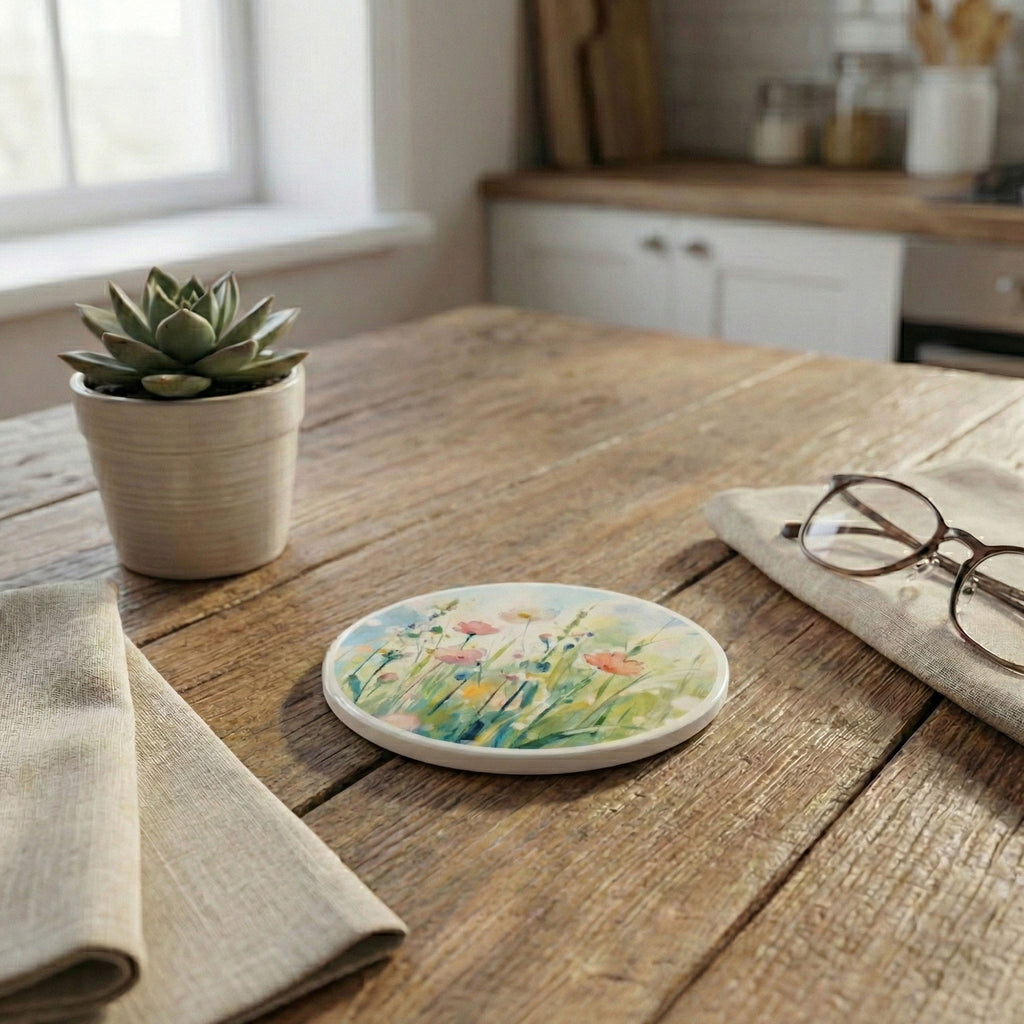 Anna-Kaci 2-PC Round Floral Decorative Coaster with Painted Meadow Design