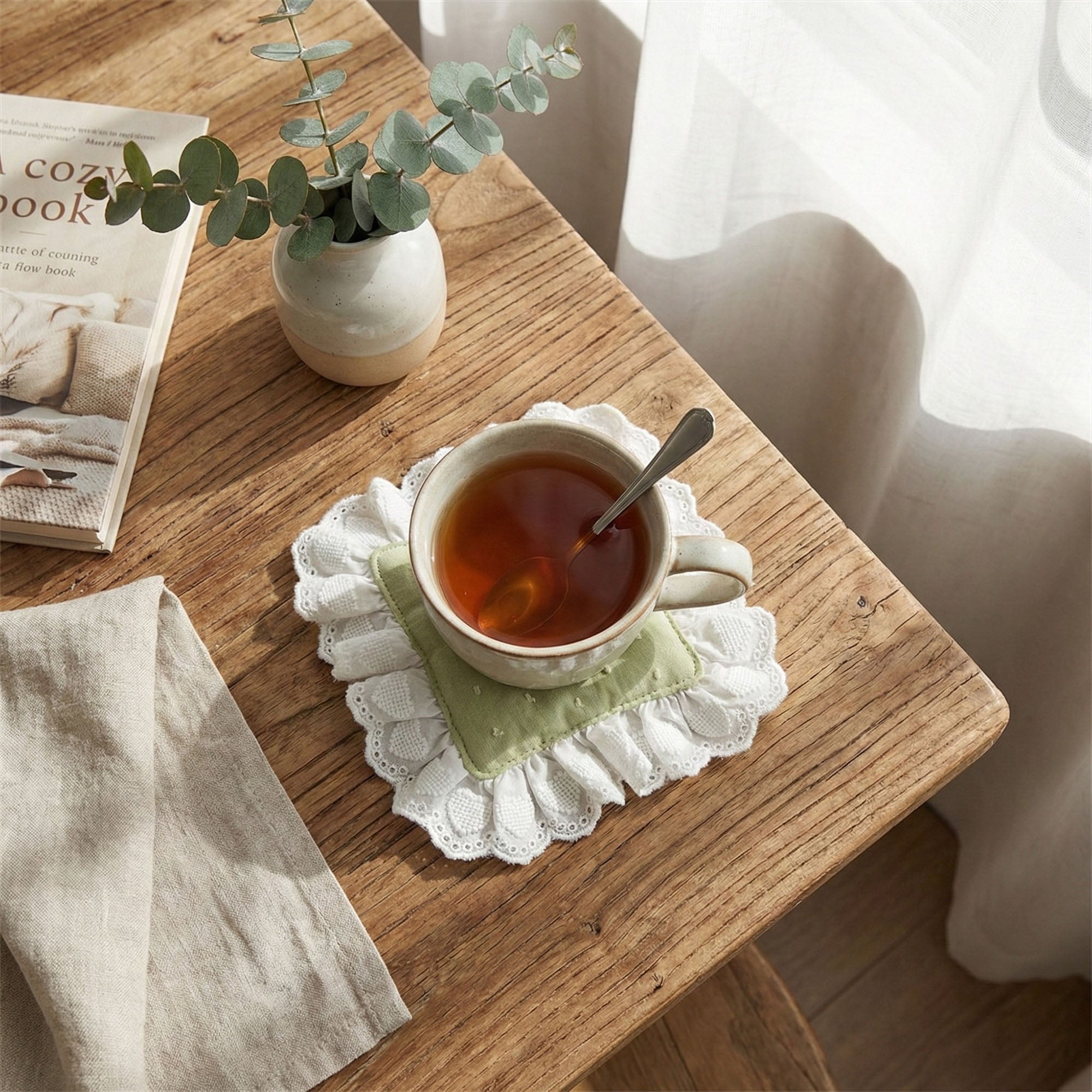 Anna-Kaci 2-PC Lace Trim Square Fabric Cup Coaster with Soft Padded Center and Embroidered Detail