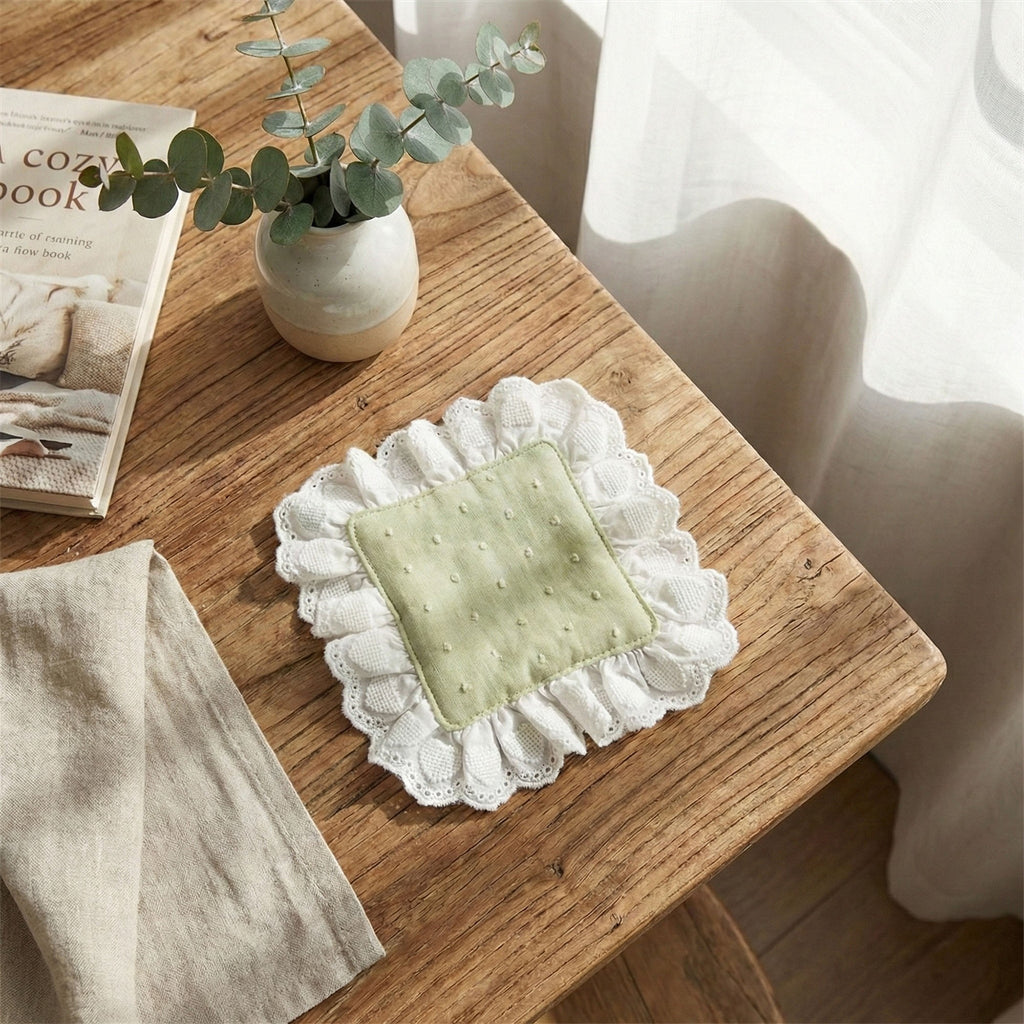 Anna-Kaci 2-PC Lace Trim Square Fabric Cup Coaster with Soft Padded Center and Embroidered Detail