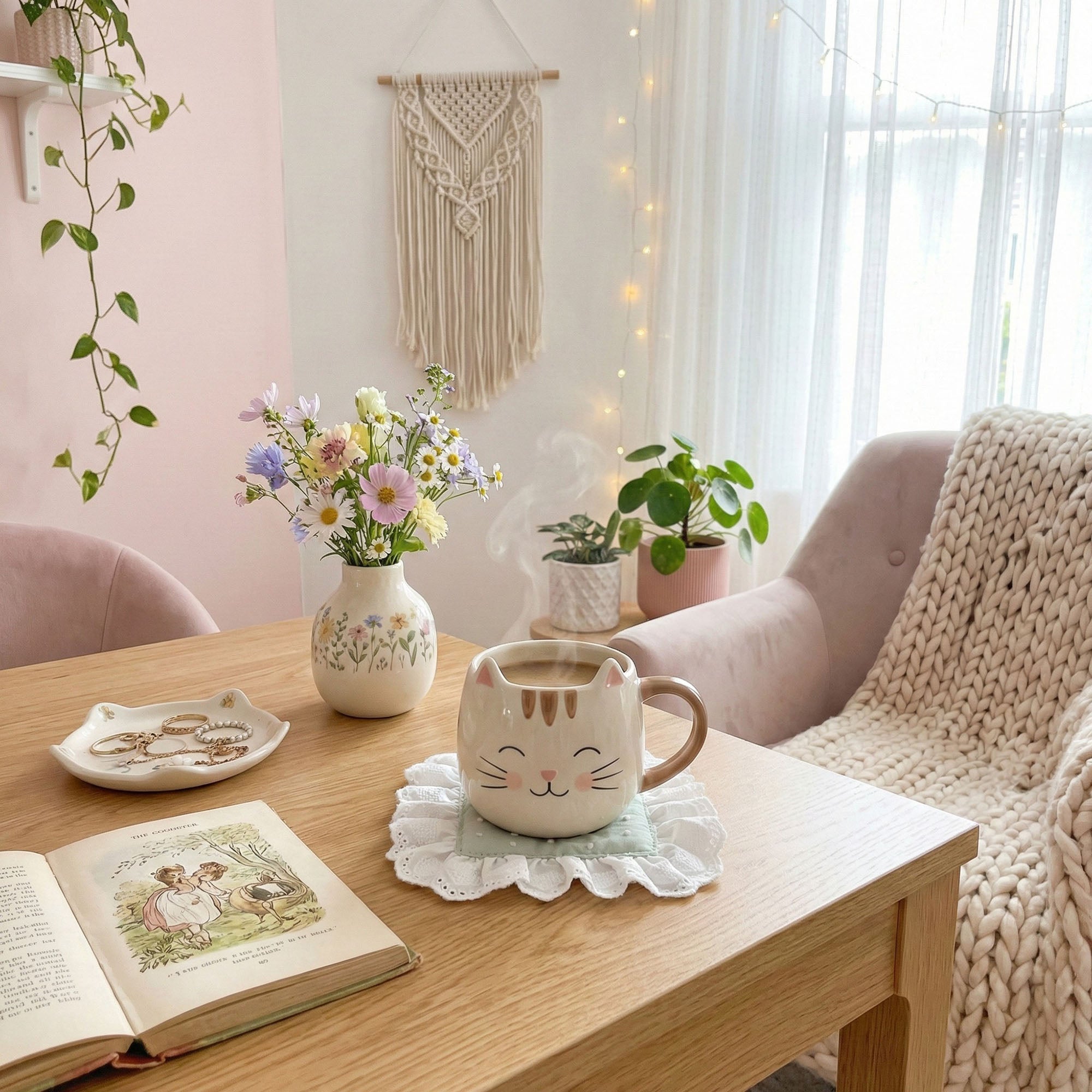 Anna-Kaci 2-PC Lace Trim Square Fabric Cup Coaster with Soft Padded Center and Embroidered Detail
