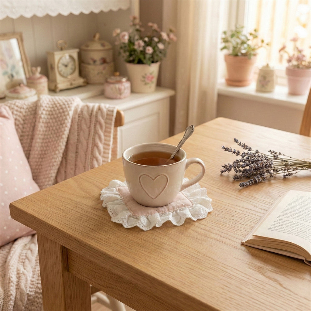 Anna-Kaci 2-PC Lace Trim Square Fabric Cup Coaster with Soft Padded Center and Embroidered Detail