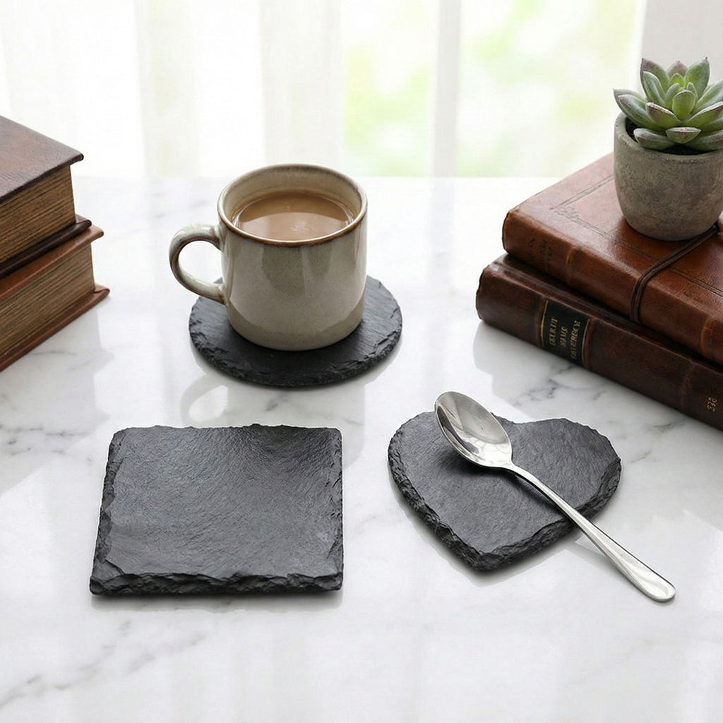 Anna-Kaci Natural Slate Stone Coaster Set Assorted Round Square Heart Shapes