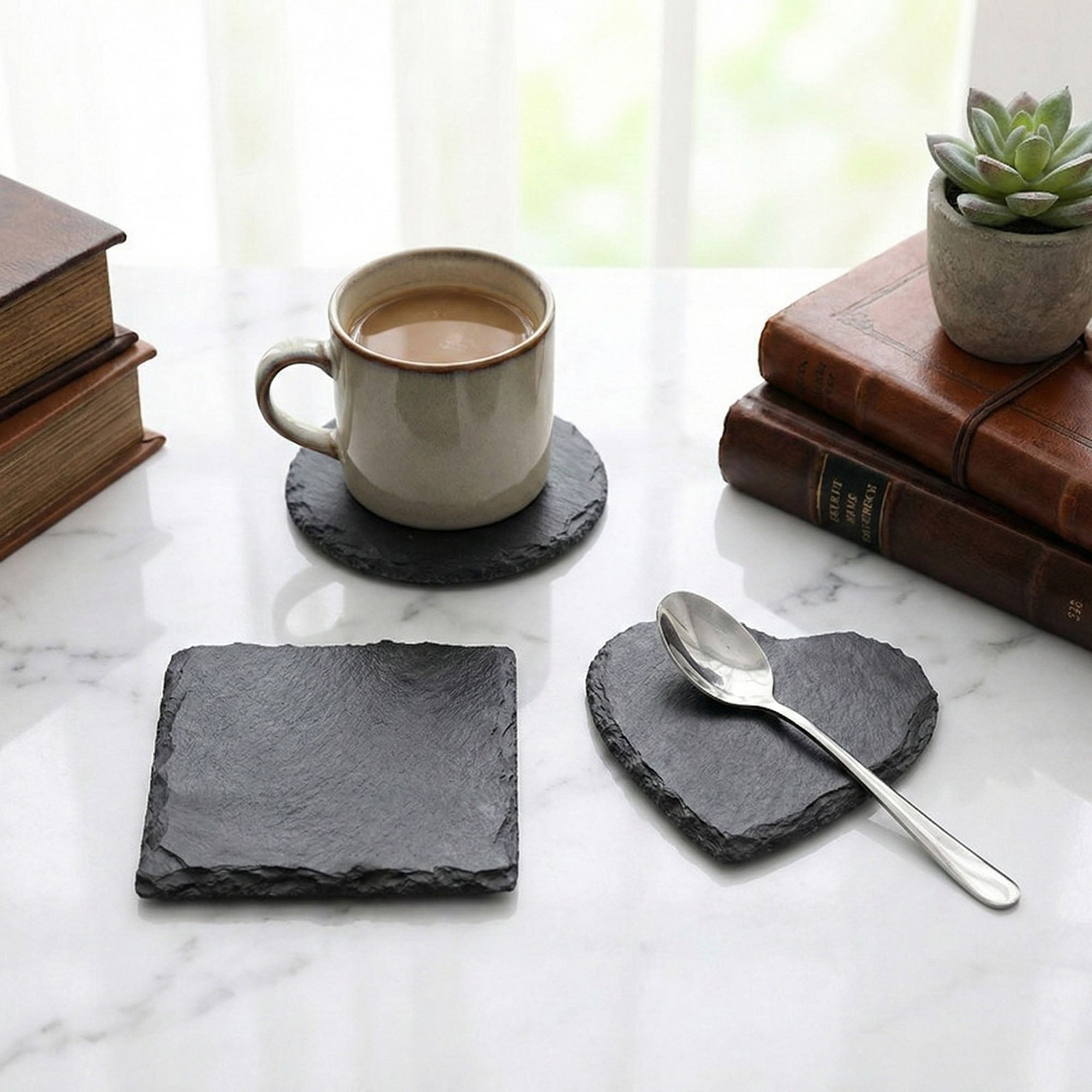 Anna-Kaci Natural Slate Stone Coaster Set Assorted Round Square Heart Shapes