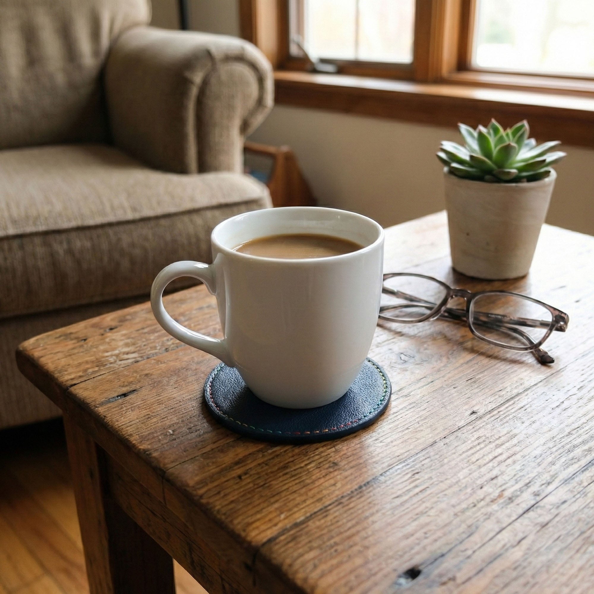Anna-Kaci 4-PC Round Leather Coaster with Stitched Edge Durable Table Protector