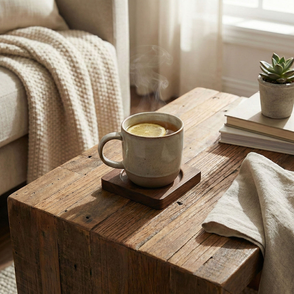 Anna-Kaci 2-PC Square Wood Coaster with Recessed Round Groove Table Protector