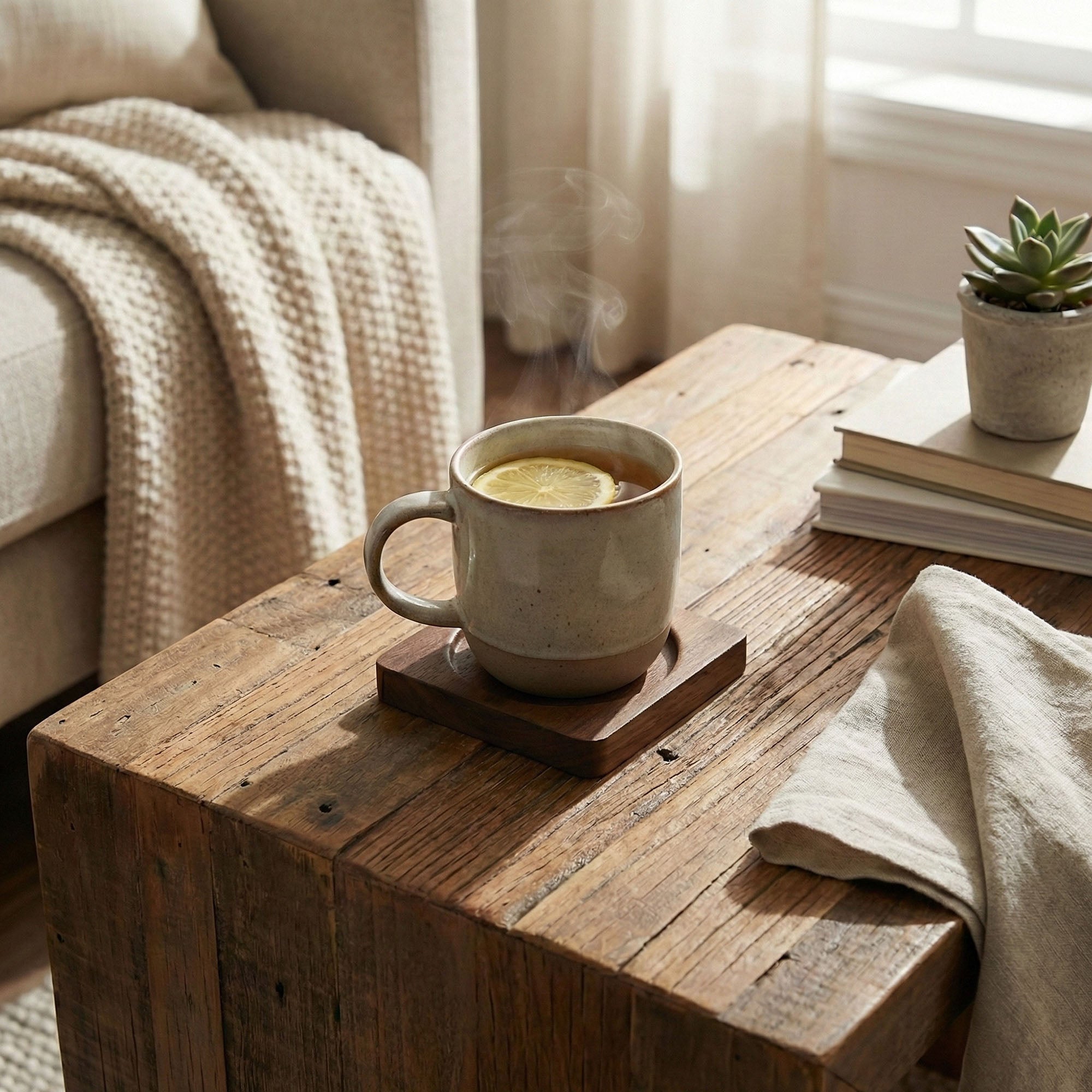 Anna-Kaci 2-PC Square Wood Coaster with Recessed Round Groove Table Protector