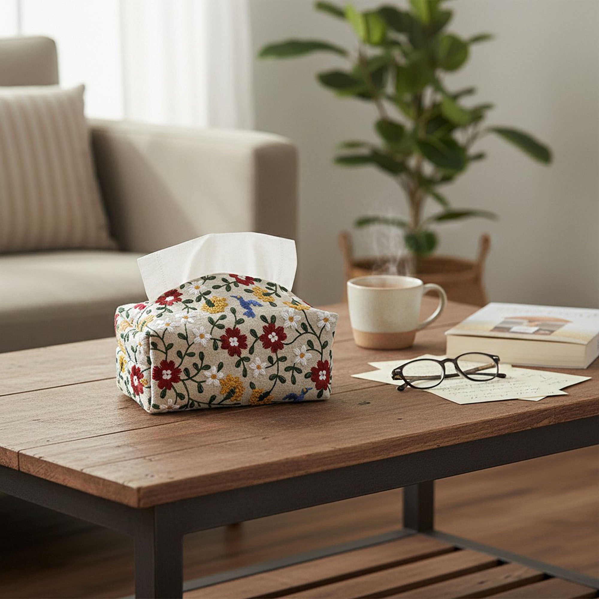 Anna-Kaci Embroidered Fabric Tissue Holder with Patchwork Pattern Design