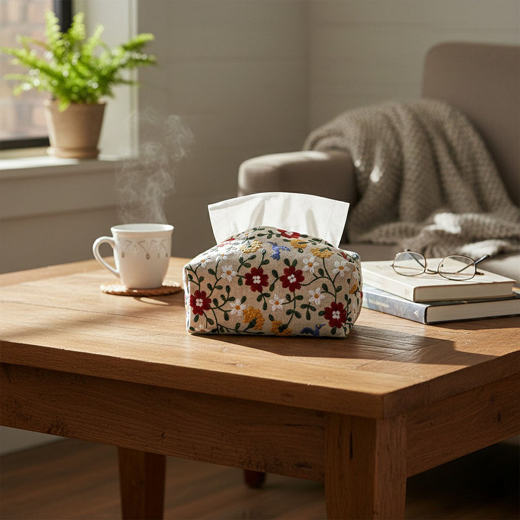 Anna-Kaci Embroidered Fabric Tissue Holder with Patchwork Pattern Design