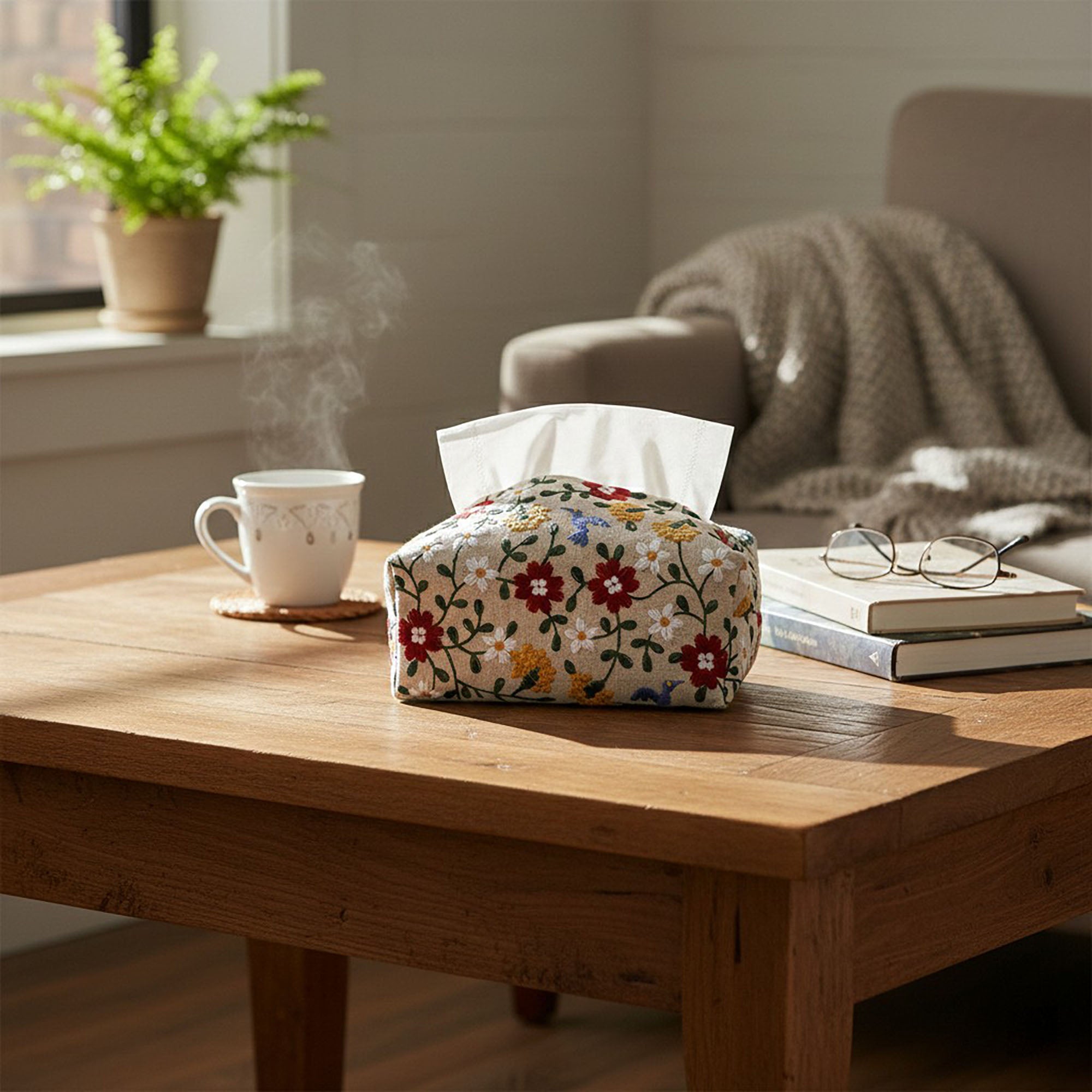 Anna-Kaci Embroidered Fabric Tissue Holder with Patchwork Pattern Design