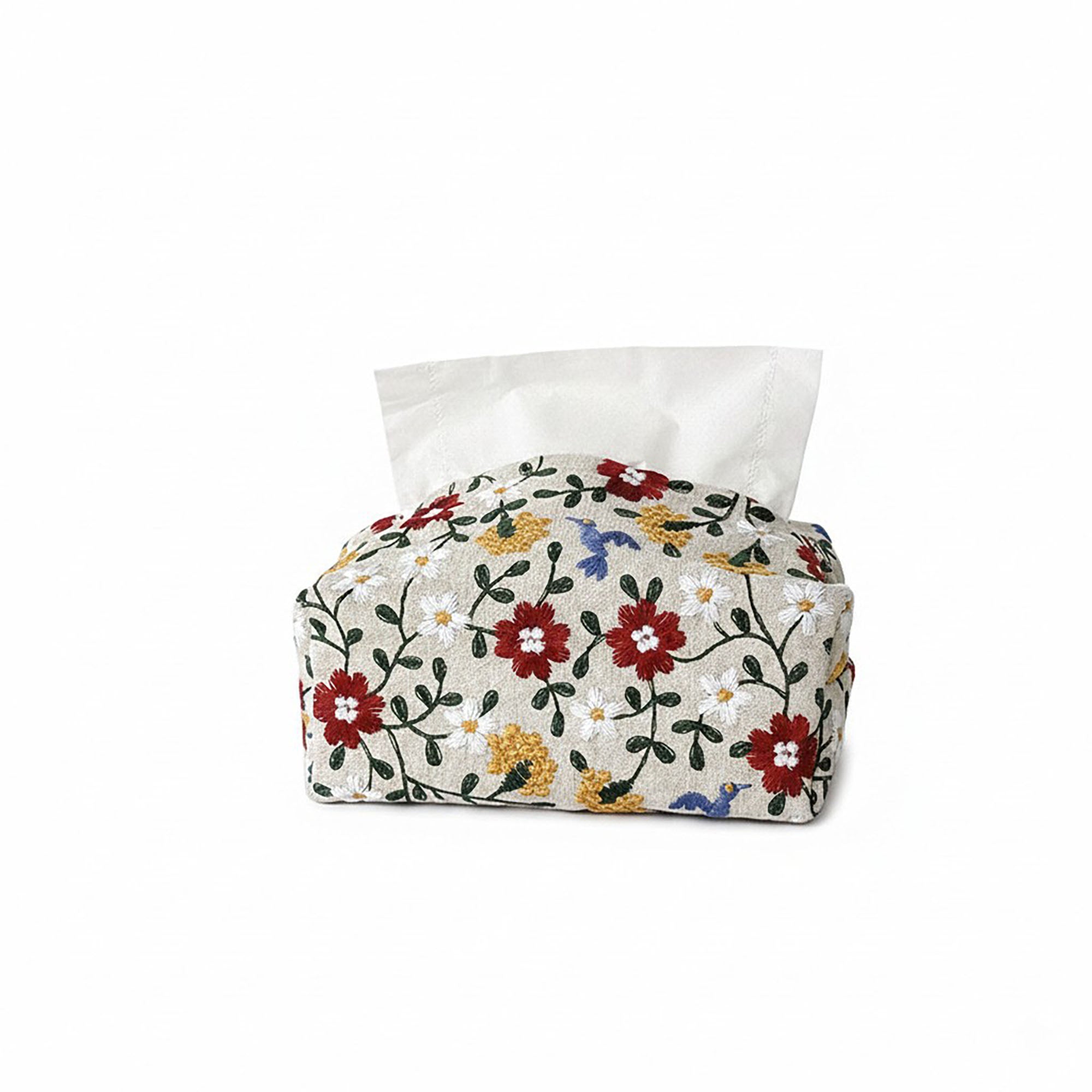 Anna-Kaci Embroidered Fabric Tissue Holder with Patchwork Pattern Design