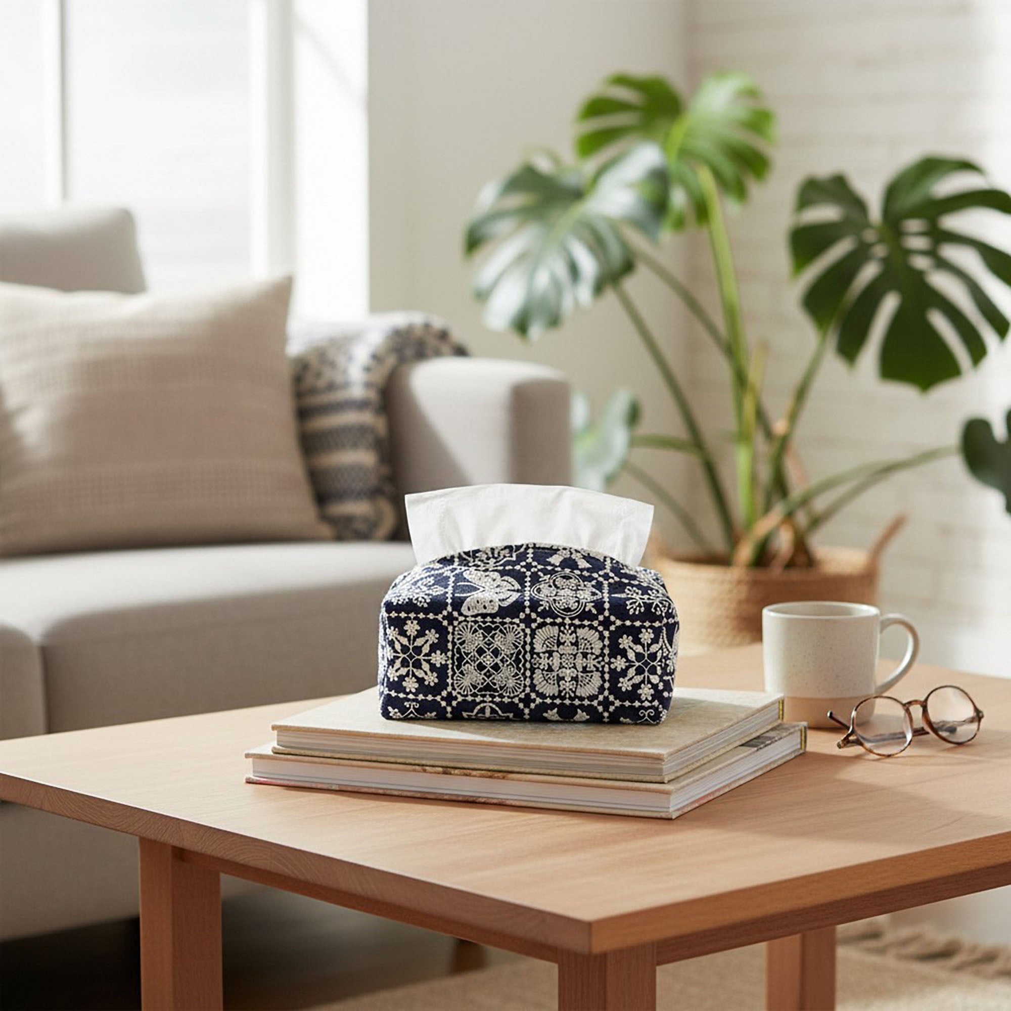 Anna-Kaci Embroidered Fabric Tissue Holder with Patchwork Pattern Design