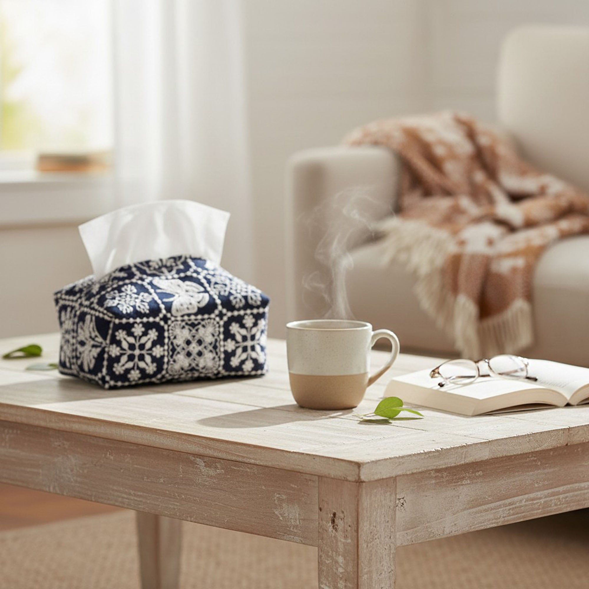 Anna-Kaci Embroidered Fabric Tissue Holder with Patchwork Pattern Design