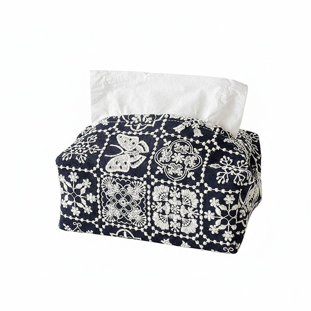 Anna-Kaci Embroidered Fabric Tissue Holder with Patchwork Pattern Design