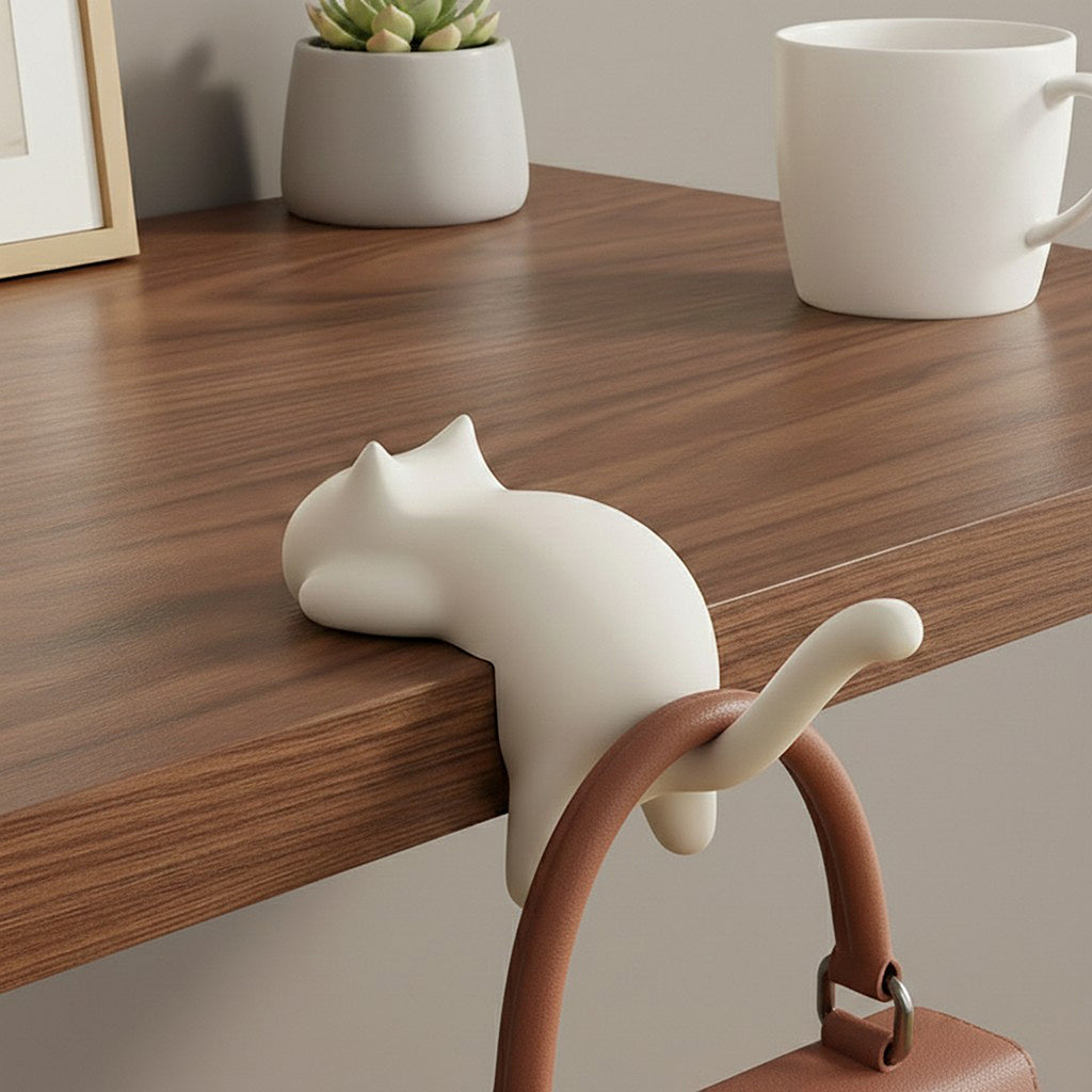 Anna-Kaci 3-Piece Desk Edge Bag Hook with Cat-Shaped Design and Protective Non-Slip Surface