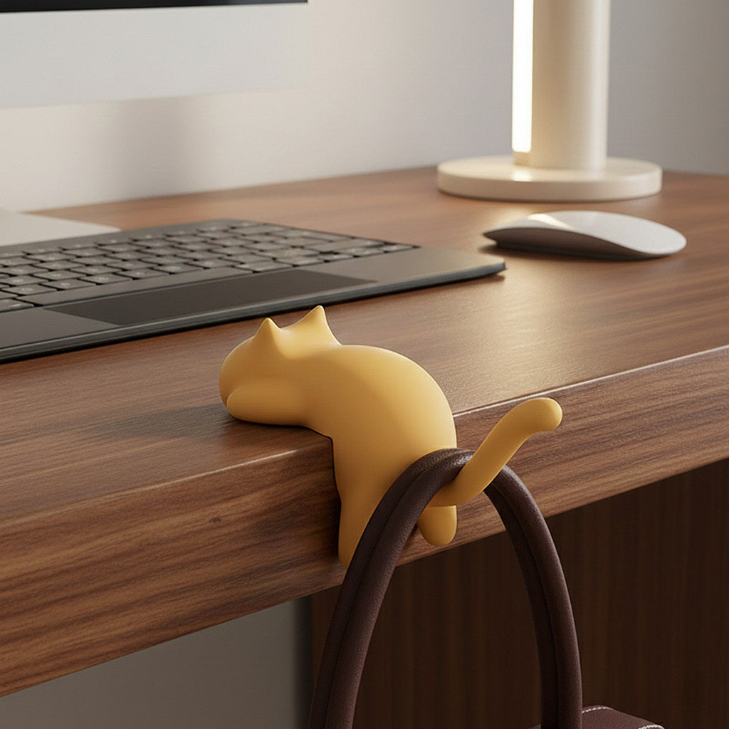 Anna-Kaci 3-Piece Desk Edge Bag Hook with Cat-Shaped Design and Protective Non-Slip Surface