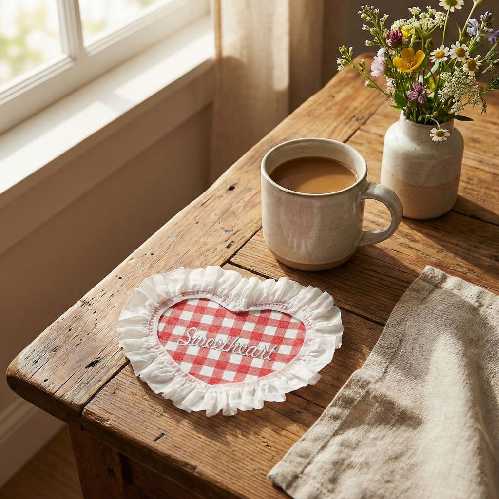 Anna-Kaci 2-PC Heart Shaped Fabric Coaster with Ruffle Trim Table Protector