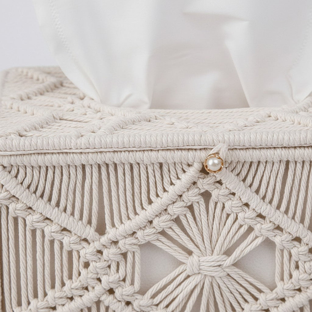 Anna-Kaci Handwoven Macrame Tissue Box Cover with Textured Geometric Design