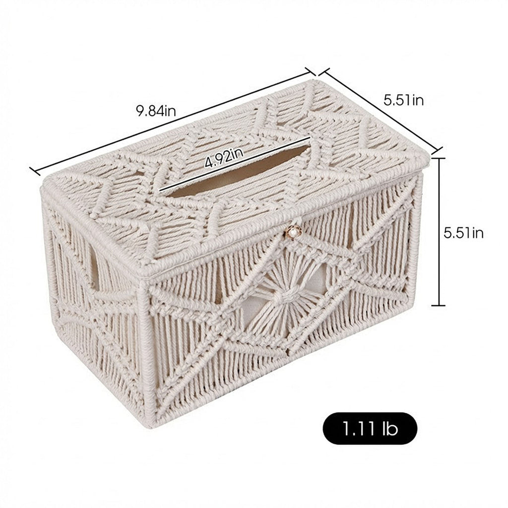 Anna-Kaci Handwoven Macrame Tissue Box Cover with Textured Geometric Design