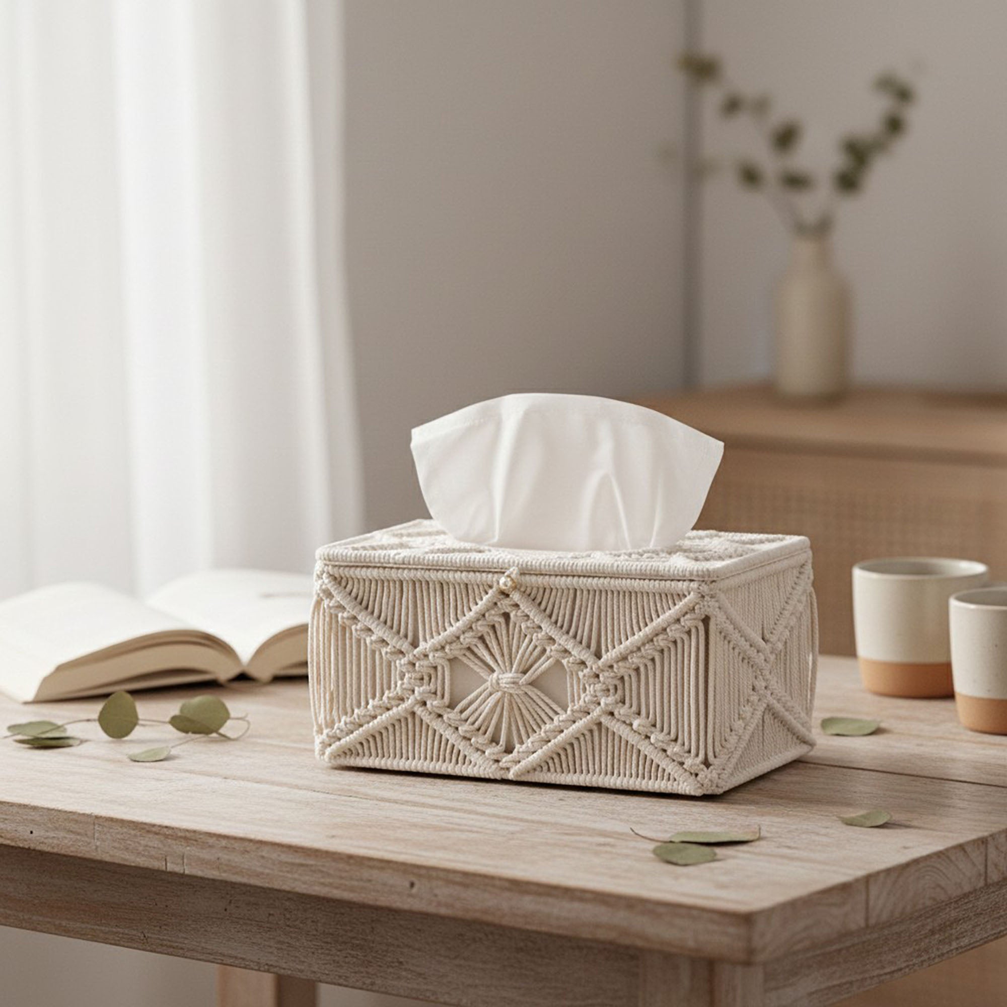 Anna-Kaci Handwoven Macrame Tissue Box Cover with Textured Geometric Design