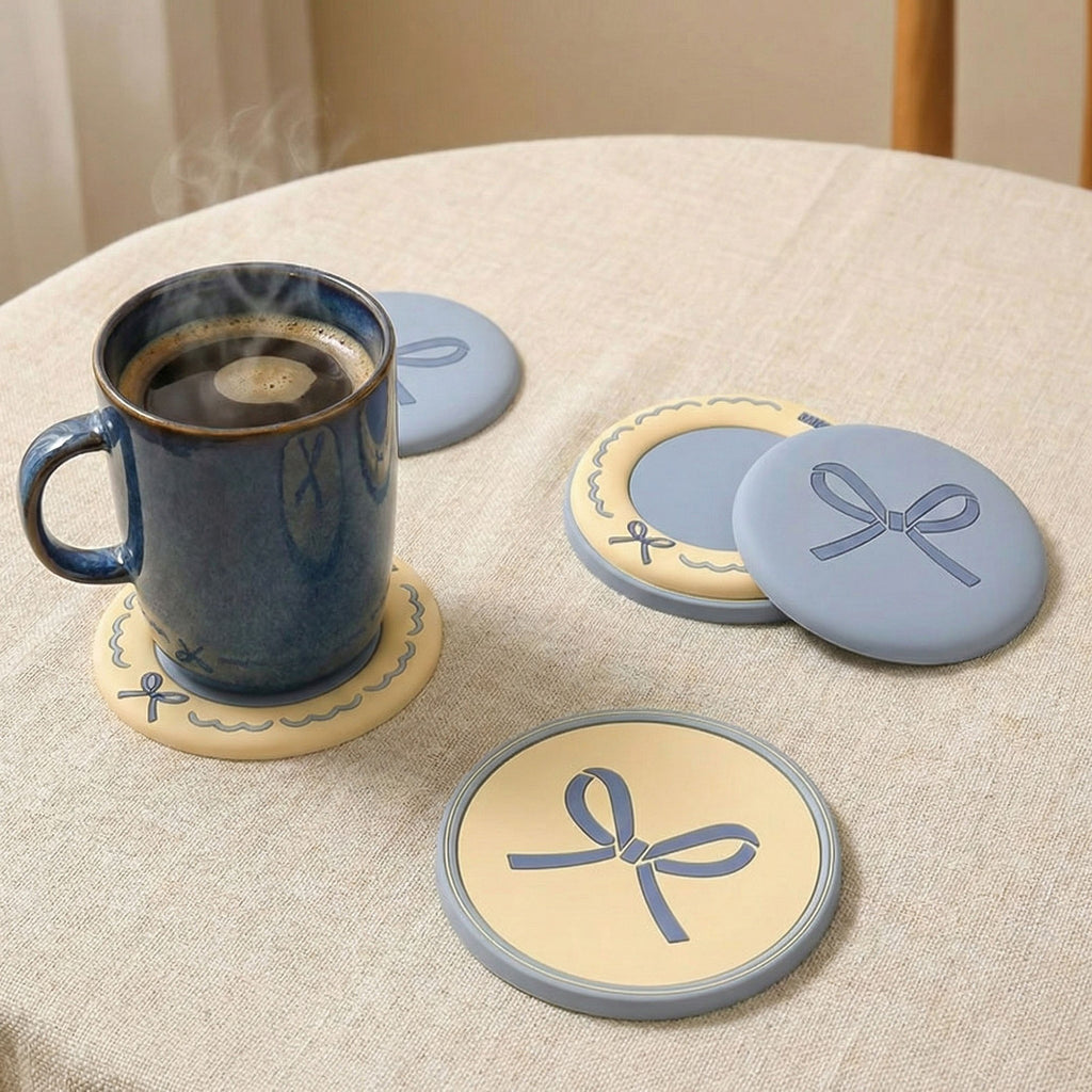 Anna-Kaci Macaron Coaster Set with Bow Design Round Table Protectors
