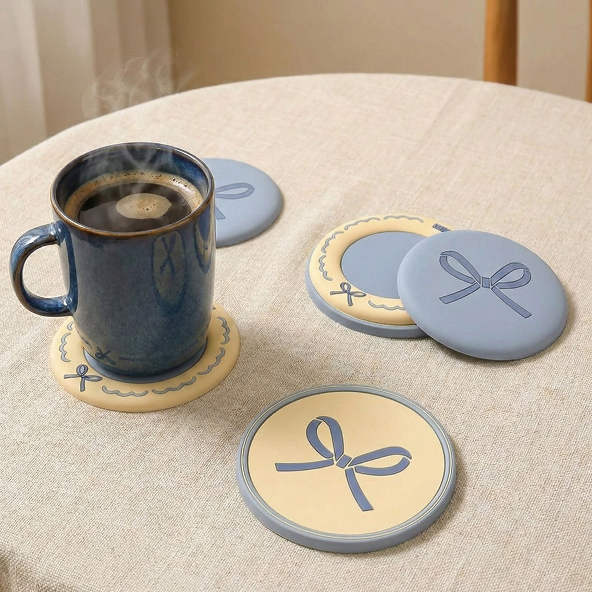 Anna-Kaci Macaron Coaster Set with Bow Design Round Table Protectors