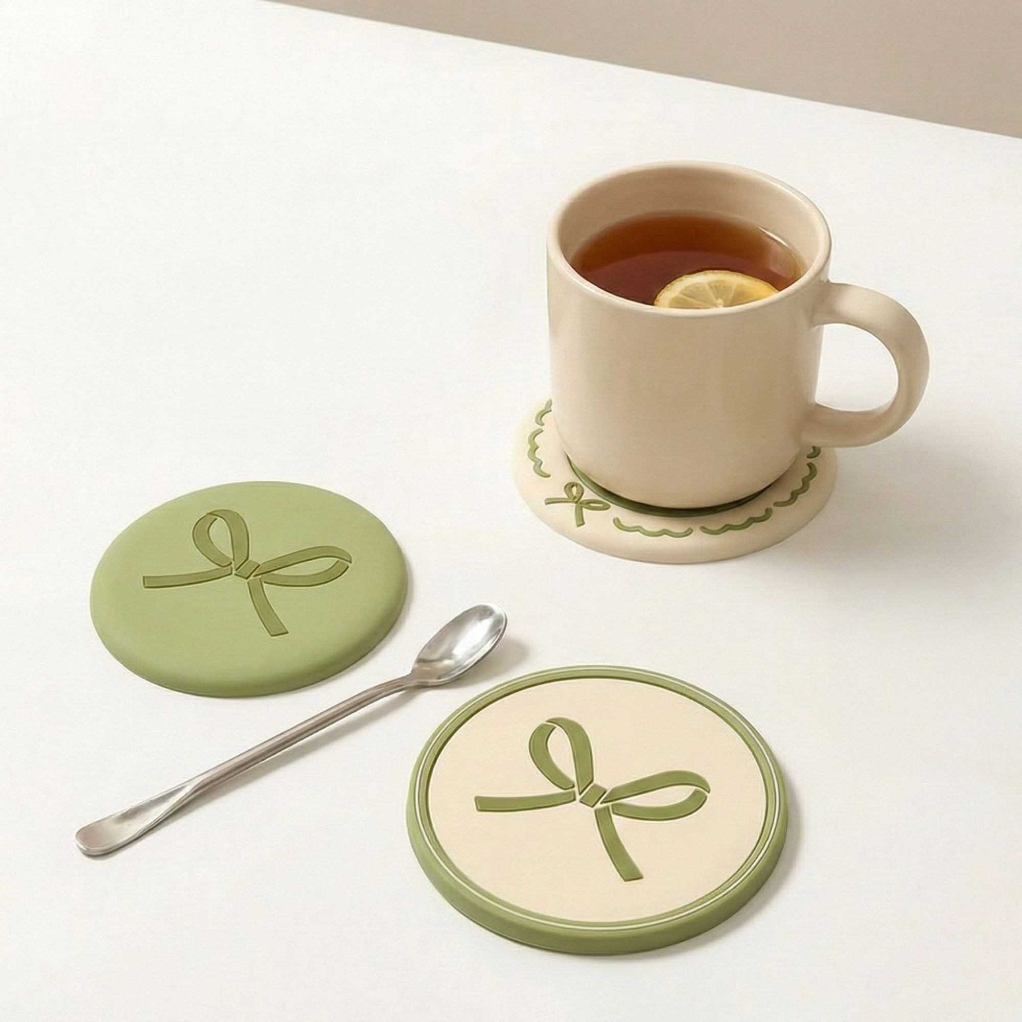 Anna-Kaci Macaron Coaster Set with Bow Design Round Table Protectors