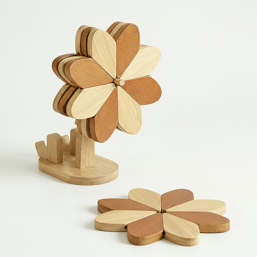 Anna-Kaci Wooden Flower Folding Coaster Set with Holder Stand