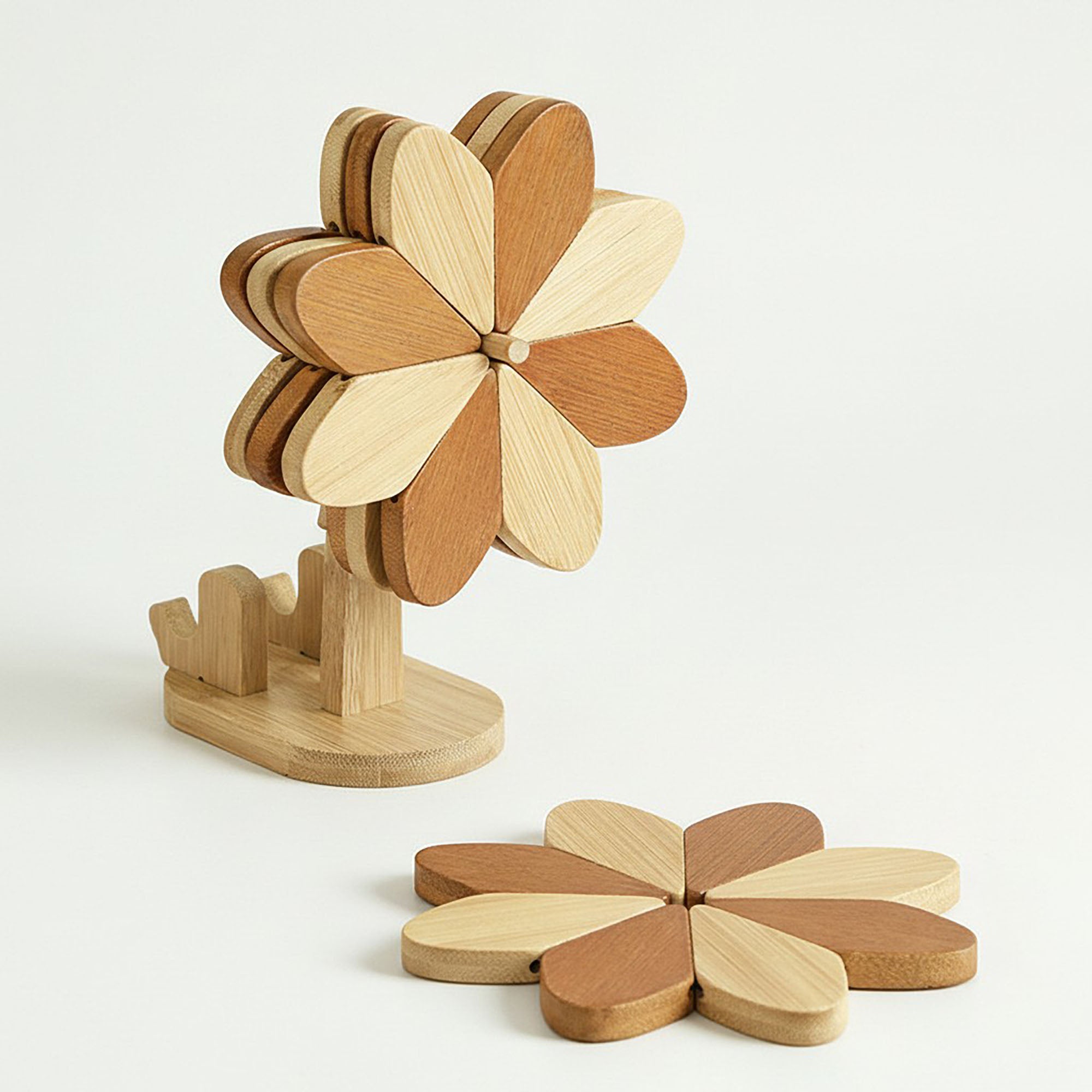 Anna-Kaci Wooden Flower Folding Coaster Set with Holder Stand
