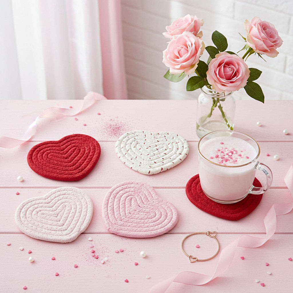 Anna-Kaci 8-PC Heart Shaped Braided Coaster Set Soft Table Protectors