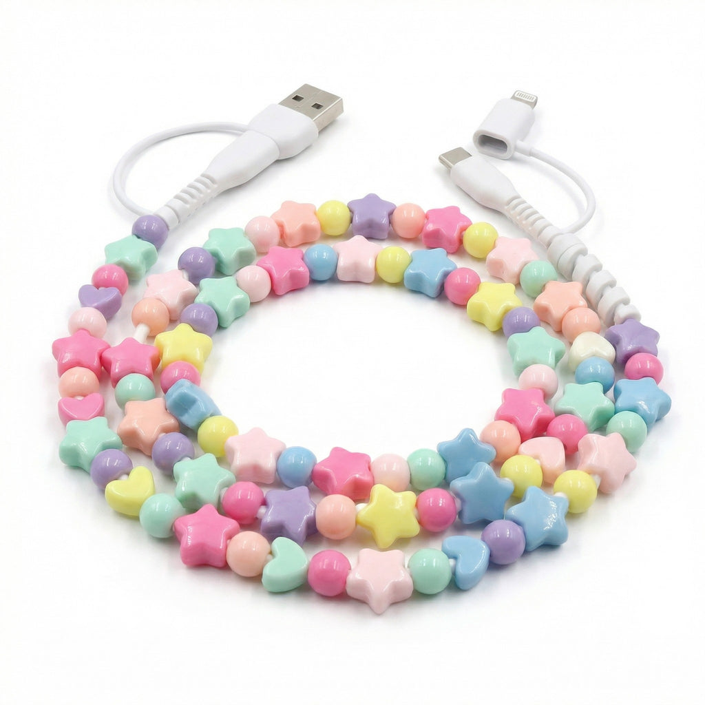 Anna-Kaci Colorful Beaded USB Charging Cable 4 in 1 Fast Charge Type C Lightning Micro USB Cute Cord