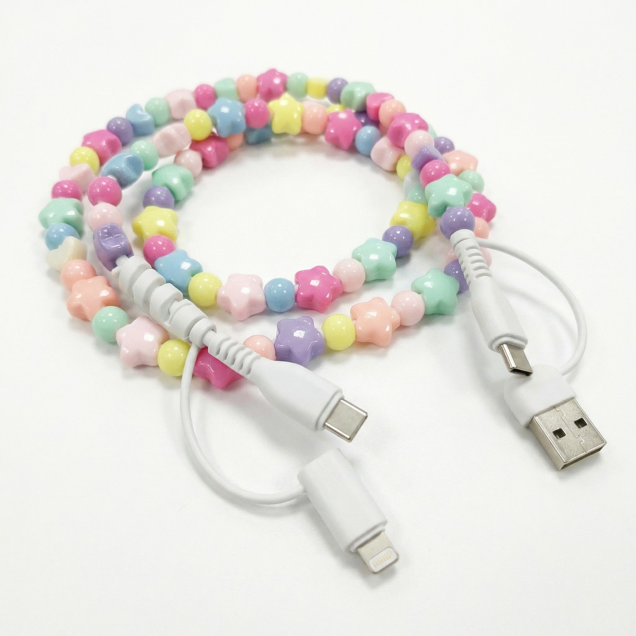 Anna-Kaci Colorful Beaded USB Charging Cable 4 in 1 Fast Charge Type C Lightning Micro USB Cute Cord