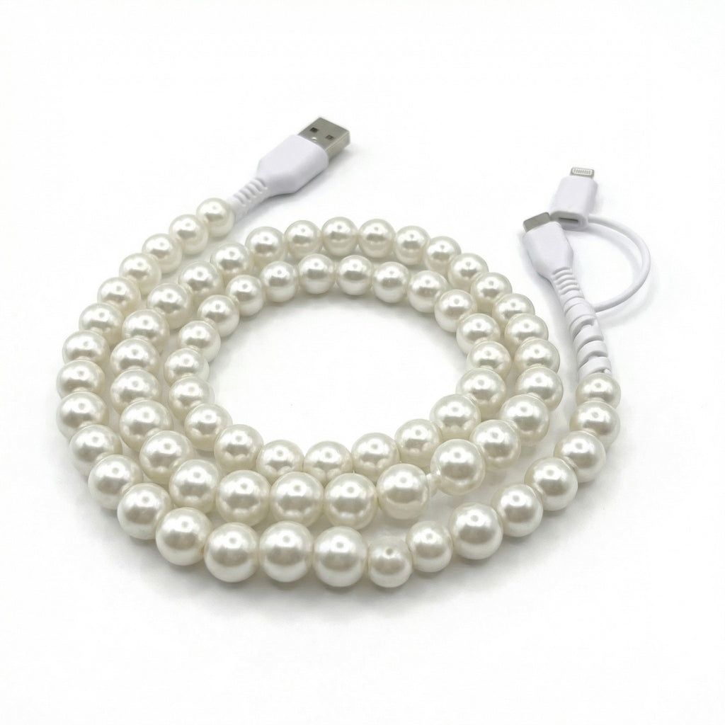 Anna-Kaci Beaded USB Charging Cable 2 in 1 Type C Lightning Cute Pearl Phone Cord