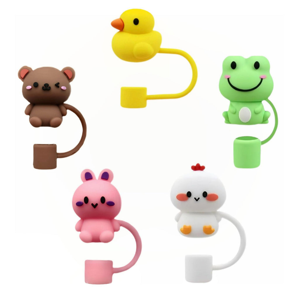 Anna-Kaci Animal Straw Cover Set 5 Pack Cute Silicone Tumbler Straw Caps Reusable Decorative Drink Accessories