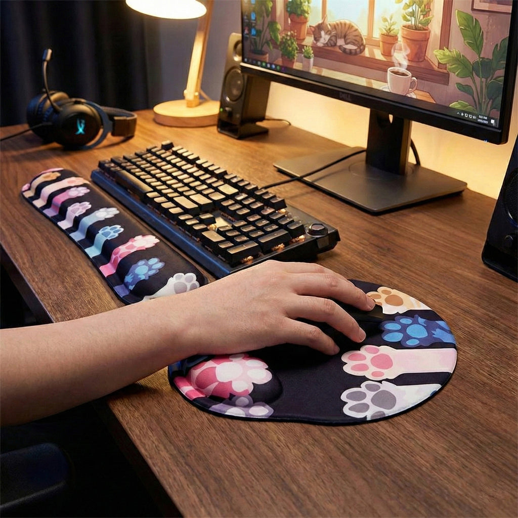 Anna-Kaci Fabric Mouse Pad and Wrist Rest Set with Ergonomic Support Cute Paw Print Design
