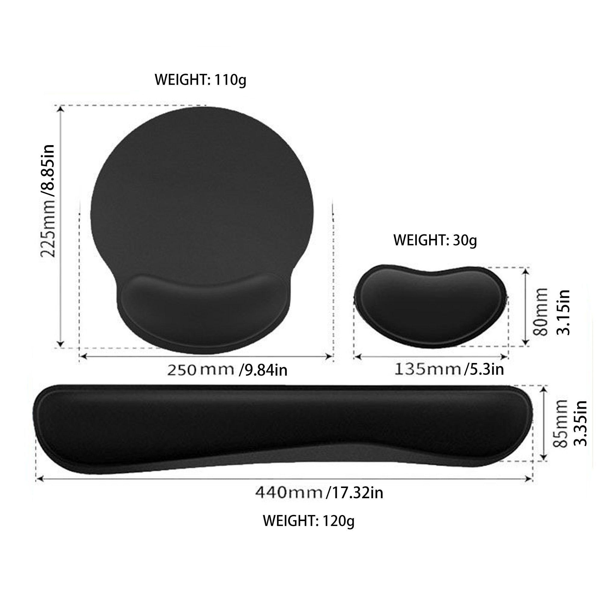 Anna-Kaci Black Fabric Mouse Pad with Ergonomic Wrist Rest 3 Piece Set Memory Foam Support