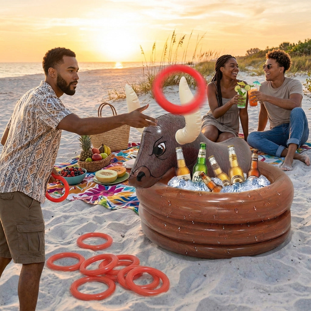 Anna-Kaci Inflatable Bull Ring Toss Game Ice Bucket Party Drink Cooler with Toss Beverage Cooler Party Game