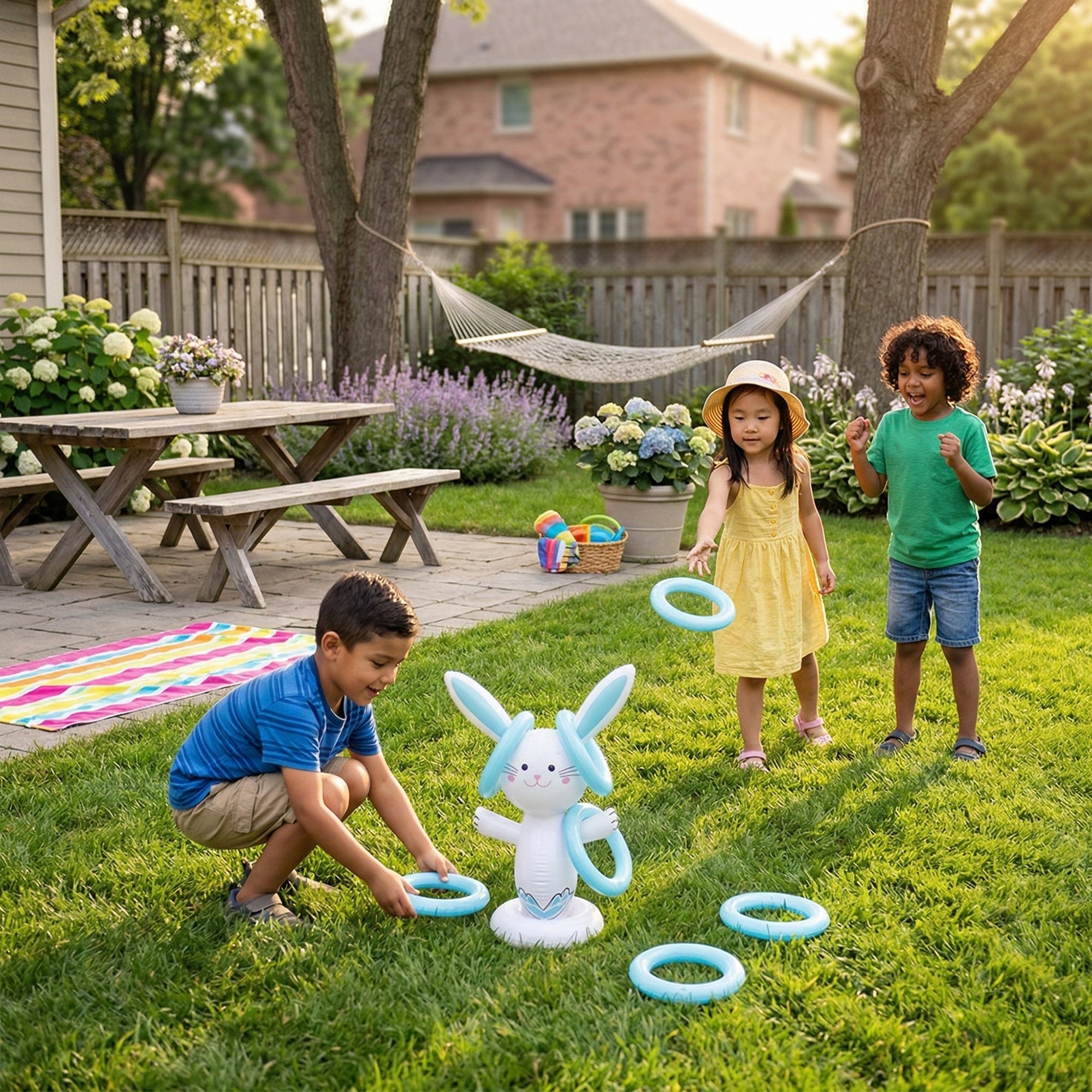 Anna-Kaci Inflatable Easter Bunny Ring Toss Game Kids Outdoor Toss Game with Rings Easter Party Yard Game