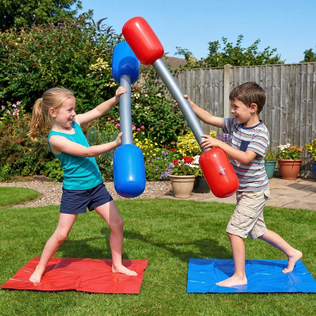 Anna-Kaci Kids Inflatable Jousting Game Set with 2 Bopper Sticks and Play Mats Outdoor Backyard Battle Game