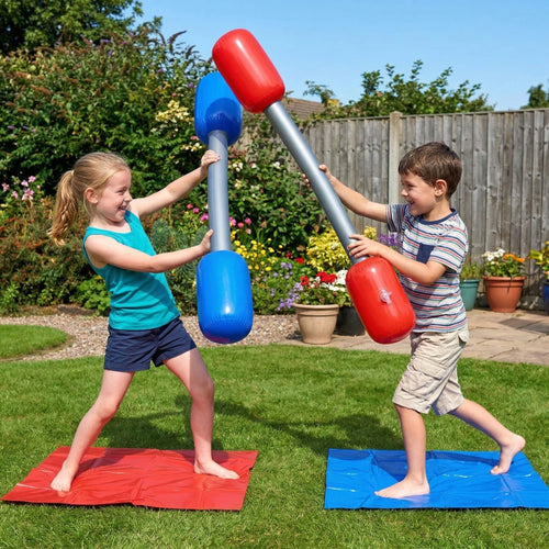 Anna-Kaci Kids Inflatable Jousting Game Set with 2 Bopper Sticks and Play Mats Outdoor Backyard Battle Game